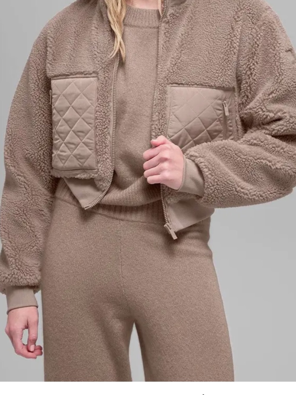 ALO Yoga Taupe Sherpa Teddy Jacket with Quilted Accents